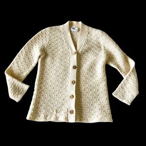 Vintage 60's Montgomery Ward Ivory Textured Knit V-Neck Cardigan Sweater Medium